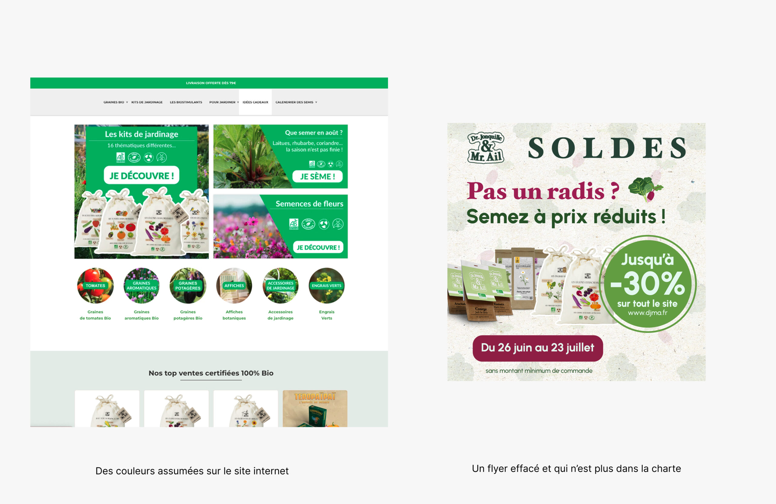 Supports de communication jardinerie incohérents versus version harmonisée avec charte graphique cohérente